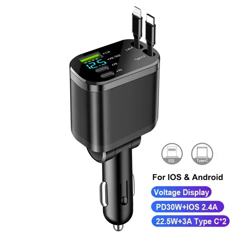 NEW Upgraded Retractable Car Charger 5 in 1, 69W Fast Charging PD30W+2.4A Voltage Display Dual Cables for iPhone & Android