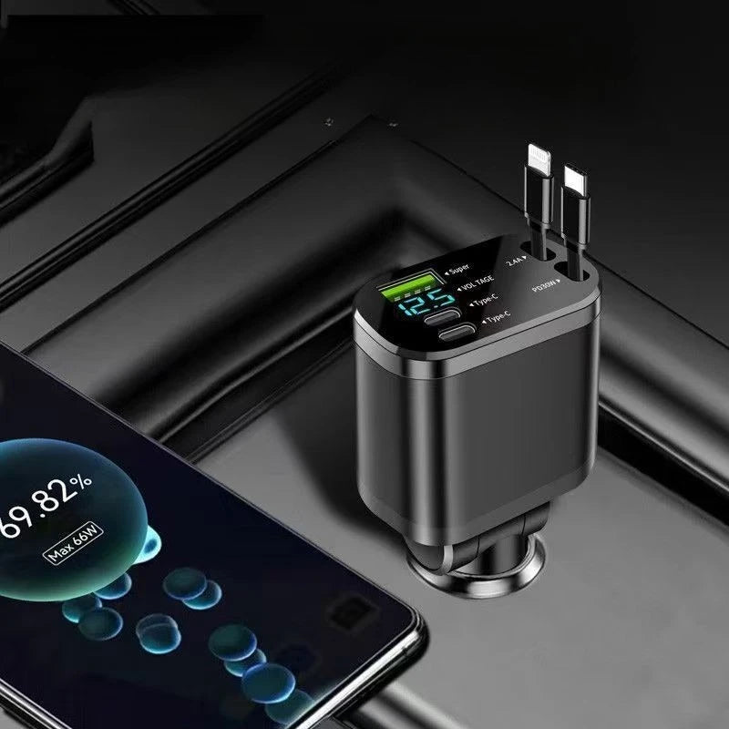 NEW Upgraded Retractable Car Charger 5 in 1, 69W Fast Charging PD30W+2.4A Voltage Display Dual Cables for iPhone & Android