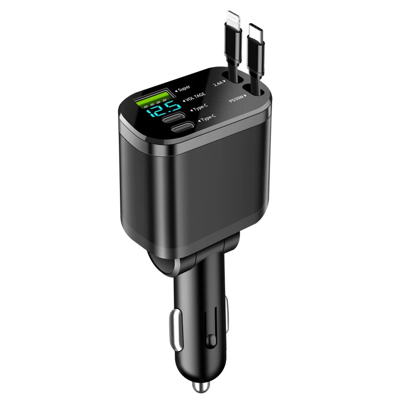 NEW Upgraded Retractable Car Charger 5 in 1, 69W Fast Charging PD30W+2.4A Voltage Display Dual Cables for iPhone & Android