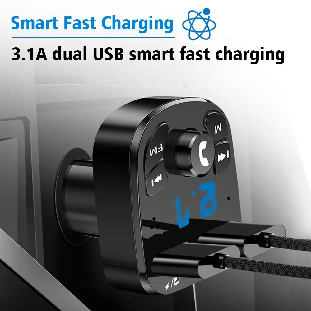 Bluetooth 5.0 FM Transmitter Car Charger with Dual USB & Hands-Free