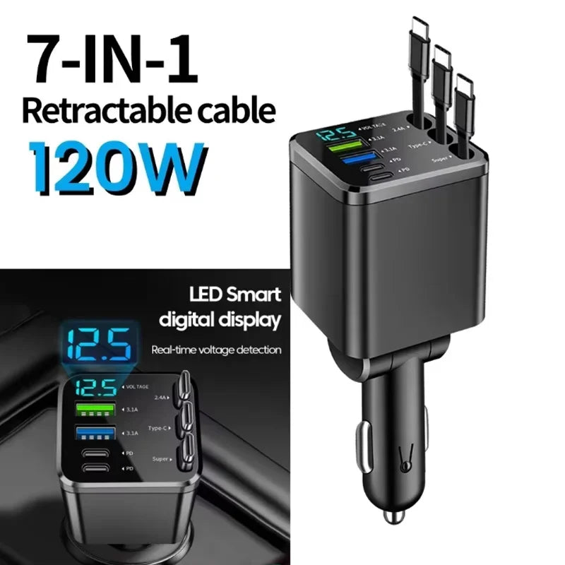 NEW Upgraded Retractable Car Charger 5 in 1, 69W Fast Charging PD30W+2.4A Voltage Display Dual Cables for iPhone & Android