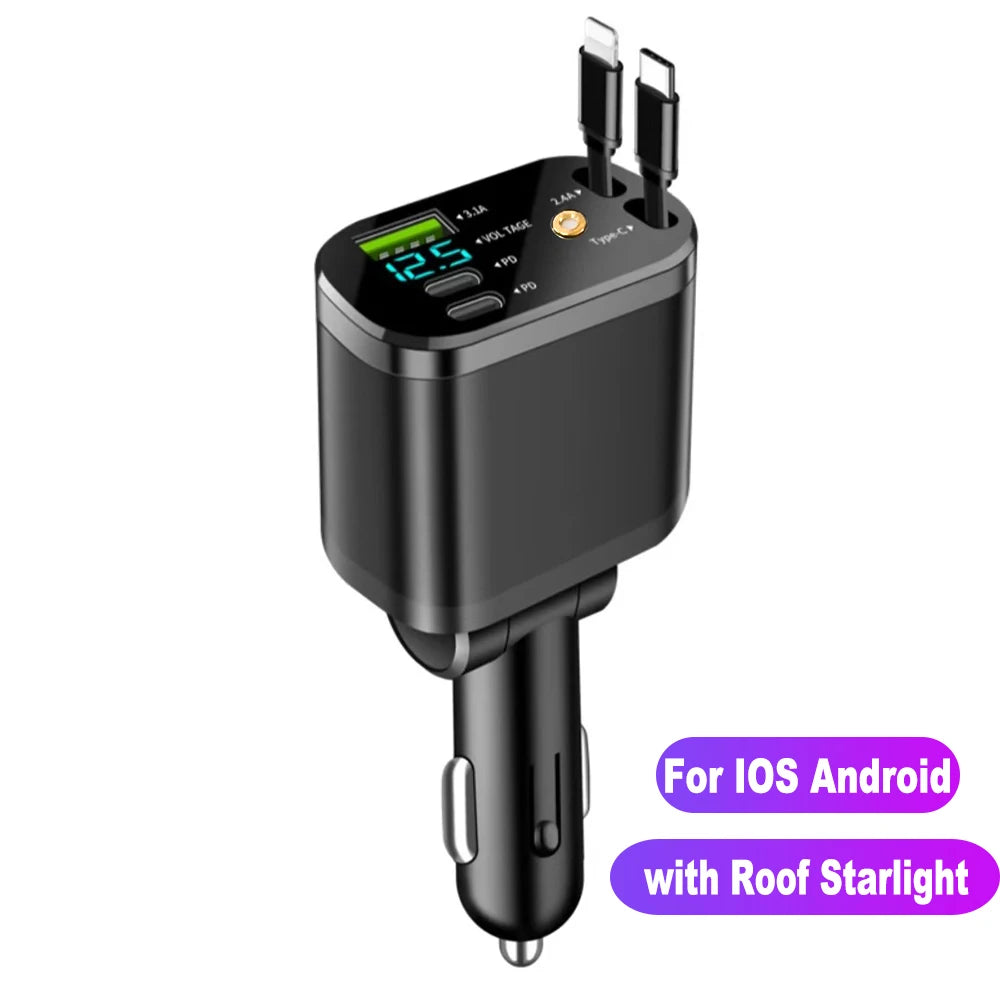 NEW Upgraded Retractable Car Charger 5 in 1, 69W Fast Charging PD30W+2.4A Voltage Display Dual Cables for iPhone & Android