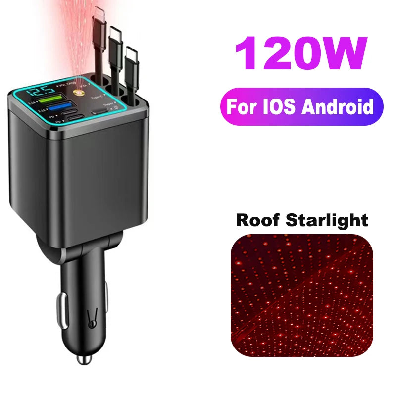 NEW Upgraded Retractable Car Charger 5 in 1, 69W Fast Charging PD30W+2.4A Voltage Display Dual Cables for iPhone & Android