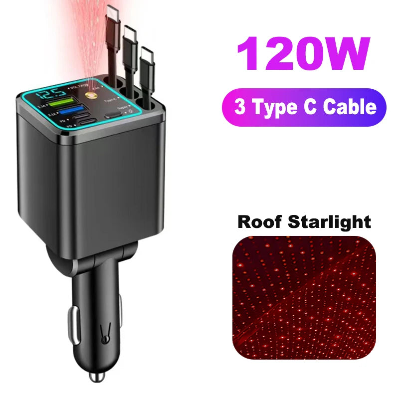 NEW Upgraded Retractable Car Charger 5 in 1, 69W Fast Charging PD30W+2.4A Voltage Display Dual Cables for iPhone & Android