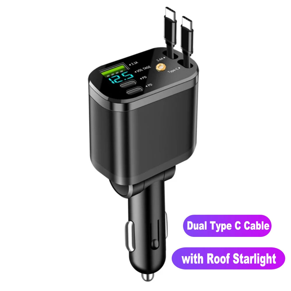 NEW Upgraded Retractable Car Charger 5 in 1, 69W Fast Charging PD30W+2.4A Voltage Display Dual Cables for iPhone & Android