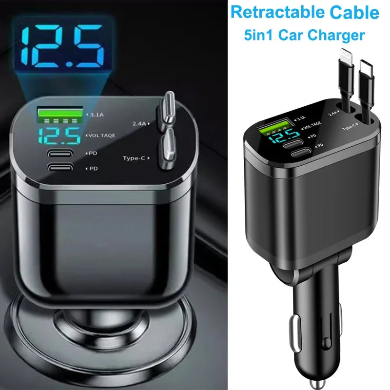 NEW Upgraded Retractable Car Charger 5 in 1, 69W Fast Charging PD30W+2.4A Voltage Display Dual Cables for iPhone & Android