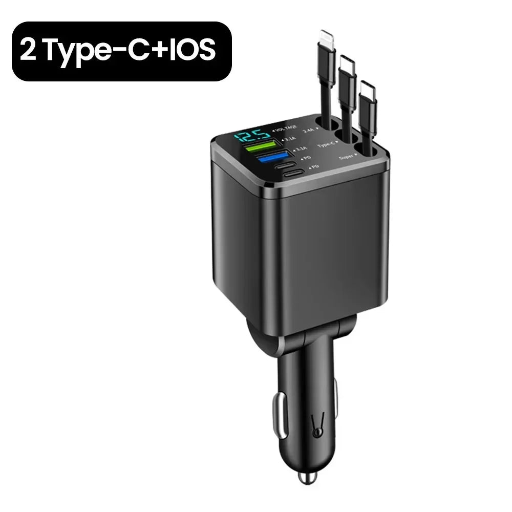 NEW Upgraded Retractable Car Charger 5 in 1, 69W Fast Charging PD30W+2.4A Voltage Display Dual Cables for iPhone & Android