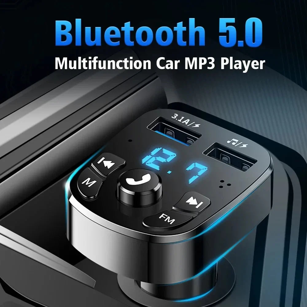Bluetooth 5.0 FM Transmitter Car Charger with Dual USB & Hands-Free