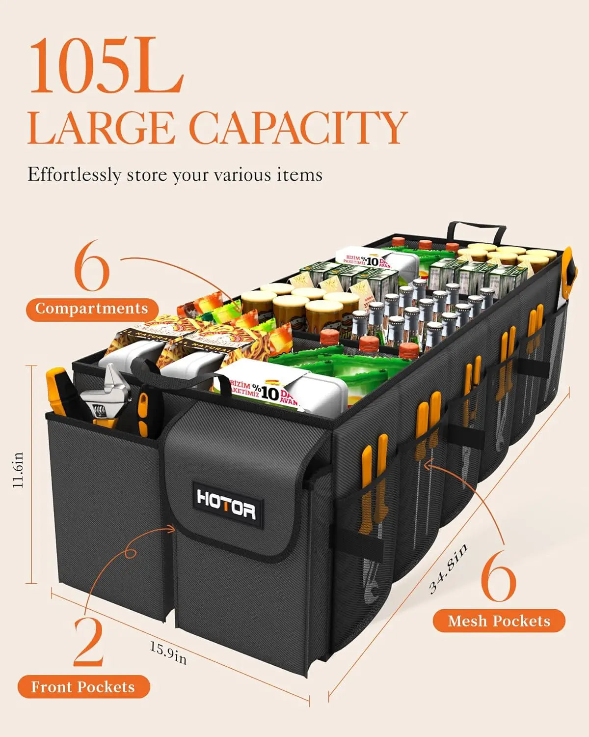 Foldable Car Trunk Organizer with 6 Compartments, Sturdy Storage for SUVs & Sedans, Black, 34.8x16.0x11.6 Inches
